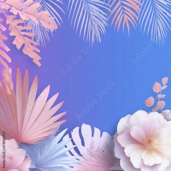Fototapeta Pastel floral arrangement with a gradient background. Tropical leaves and blooms frame space