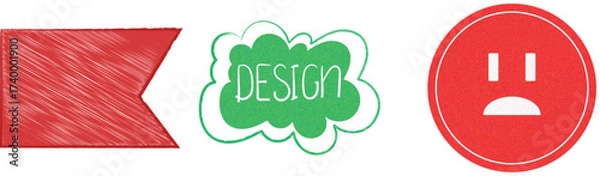 Fototapeta Sketchy graphic icons scribbled banner, cloud label, and minimalist sad face for casual design use