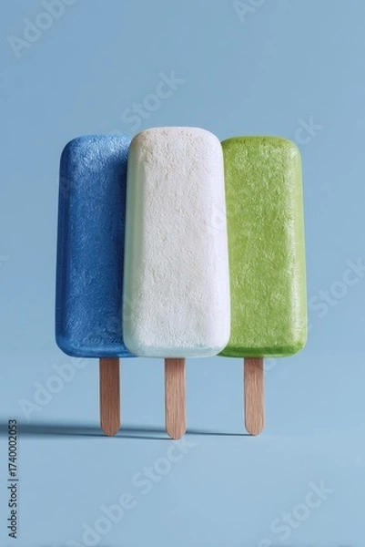 Obraz Three colorful frozen treats stand upright against a light blue backdrop