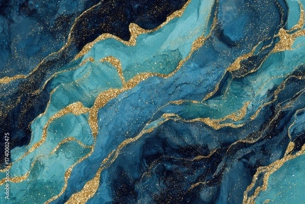Obraz Abstract blue & teal marbled texture with golden glitter lines, fluid design
