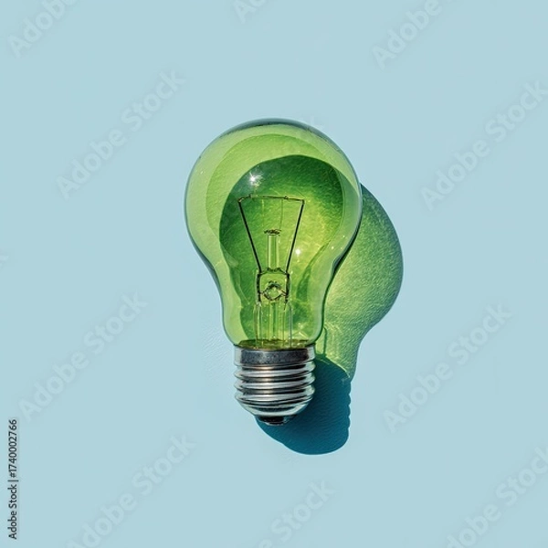 Fototapeta Green lightbulb within a transparent shell casts a shadow on a blue background
