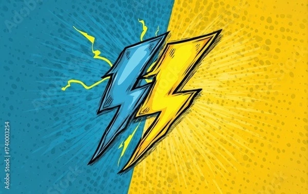Obraz Two stylized lightning bolts clash against a divided background, in blue and yellow
