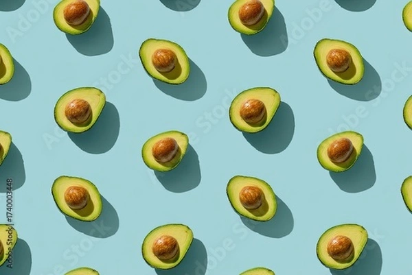 Fototapeta Patterned shot of halved avocados with pit against a pastel blue background