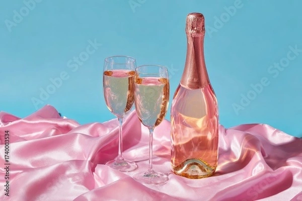 Obraz Champagne flutes & bottle on pink satin with a blue background