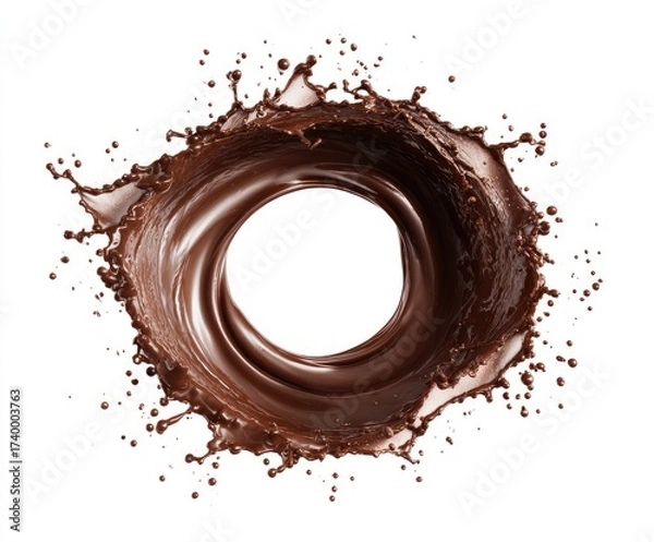Fototapeta A dynamic, swirling chocolate splash forms a circular vortex against a white background