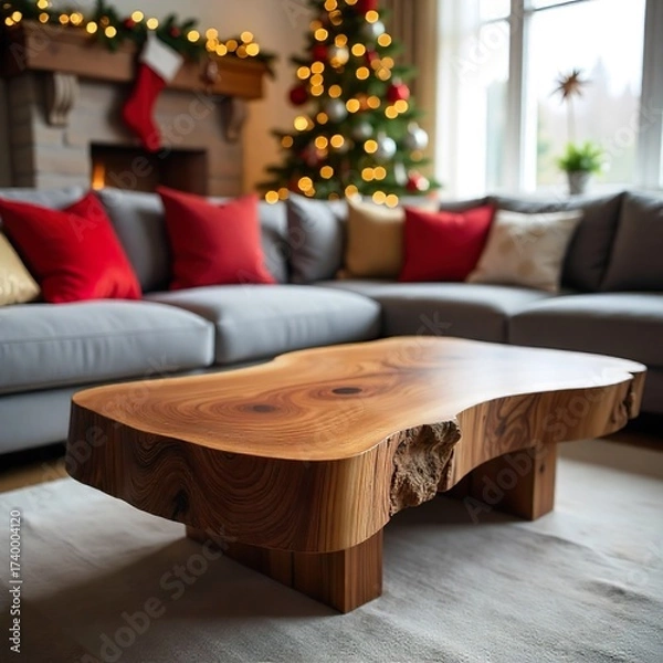 Fototapeta Close-up of live edge wooden coffee table near sofa in a modern living room with Christmas tree, fairy lights, and festive décor.