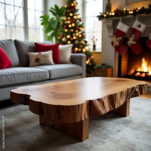 Fototapeta Close-up of live edge wooden coffee table near sofa in a modern living room with Christmas tree, fairy lights, and festive décor.