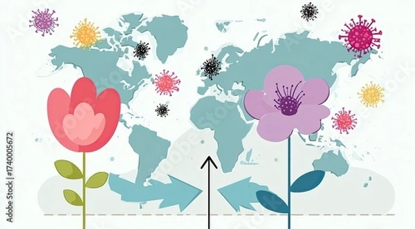Fototapeta A map with virus-like particles and flowers suggests balance, or struggle
