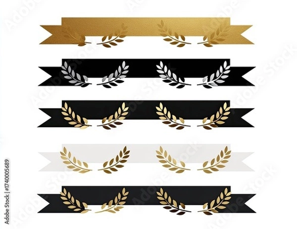 Fototapeta Collection of colorful ribbons, each with flanking gold laurel wreaths, against a white background