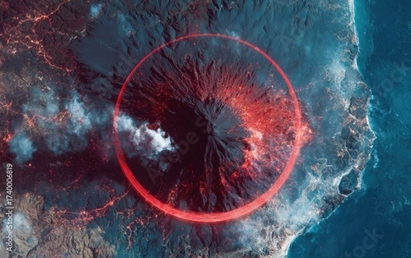 Fototapeta Aerial view of a volcanic mountain, lit up with fiery glow and encircled by a red ring