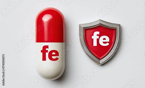 Fototapeta A large red and white pill and a shield, both showing the chemical symbol "fe.