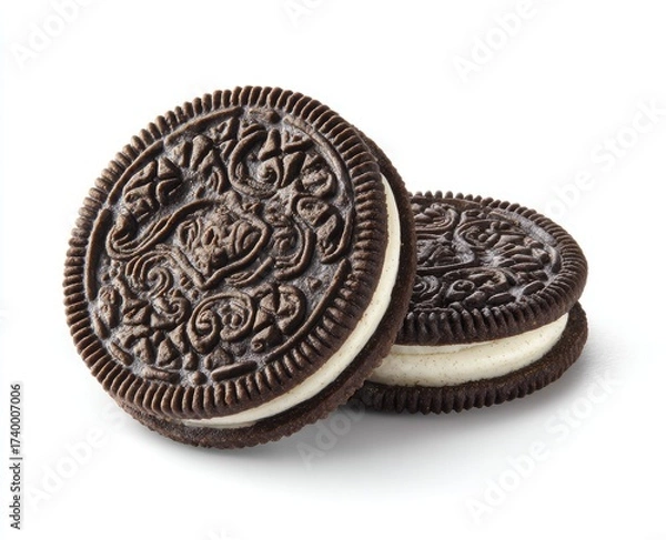 Fototapeta Two chocolate sandwich cookies with creamy white filling, close-up on a white background