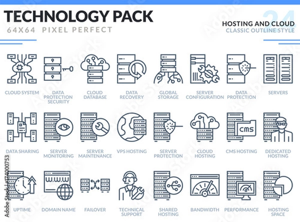 Fototapeta Hosting and Cloud Icons Set. Technology outline icons pack. Pixel perfect thin line vector icons for web design and website application.