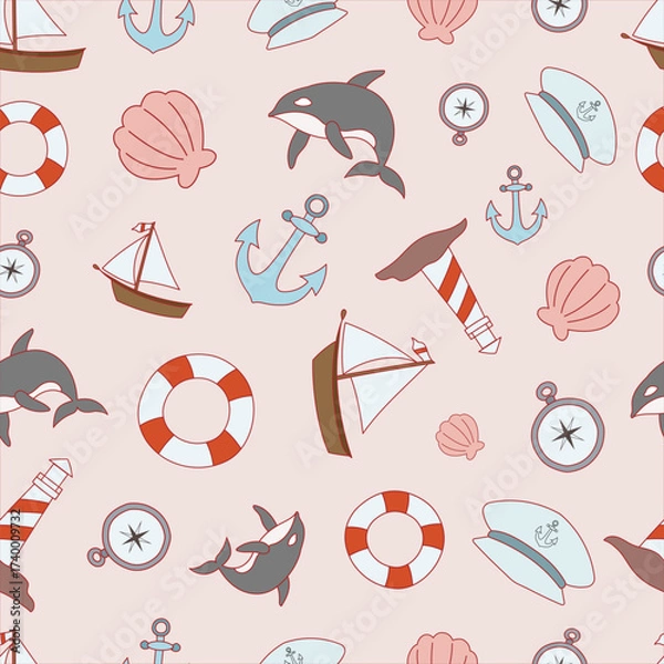 Fototapeta Sailor doodle seamless pattern in cute vector art illustration. Nautical hand drawn clipart cartoon pattern for wallpaper, print, paper, wrapping paper, baby, newborn
