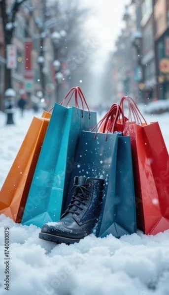 Fototapeta Colorful shopping bags and a boot resting in fresh snow on a street winter