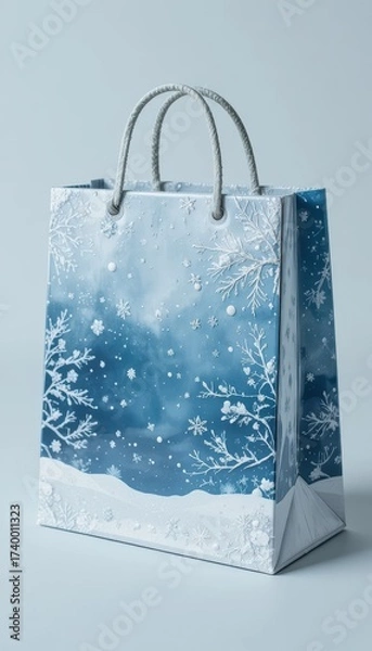 Fototapeta Blue gift bag with detailed winter snowflake and snow covered tree branches design