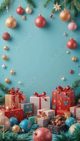 Fototapeta Christmas ornaments and gift boxes arranged with festive pine branches on a blue background