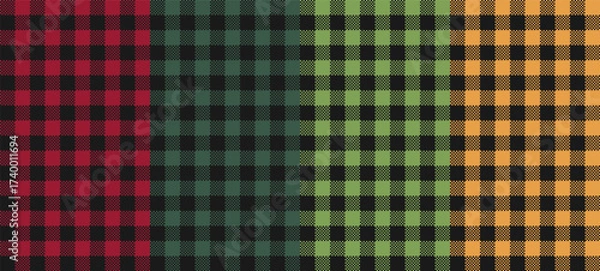 Fototapeta Red plaid pattern for seamless Christmas card background. Green tartan festive texture. Repeat vichy flannel fabric print with buffalo checkered design. Traditional british stewart gingham wrapping.