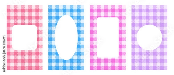 Fototapeta Cute gingham frame. Vintage checkered border in red and pink. Cottagecore scrapbook design with background and kawaii vichy grid pattern card. Farmhouse rectangle business invitation for summer.