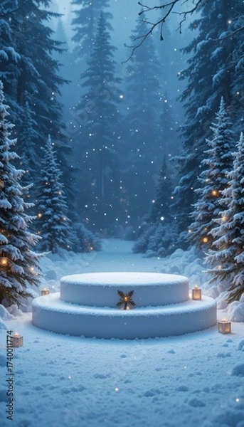 Fototapeta Snow covered circular platform with glowing lights surrounded by pine trees during snowfall
