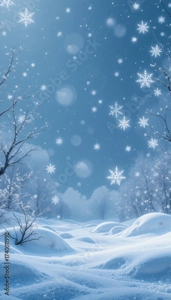 Fototapeta Snowfall blankets a serene winter landscape with frosted trees and gentle drifts under a clear blue sky