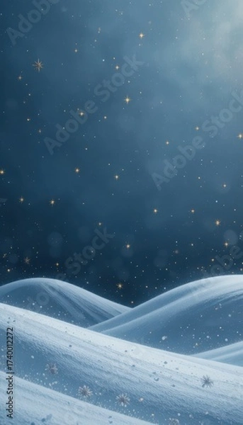 Fototapeta Rolling snow covered hills under a starry night sky with sparkling light effects