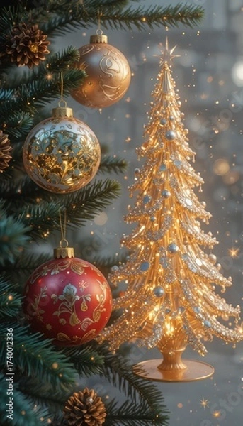 Fototapeta Ornate golden Christmas tree and baubles adorn festive pine branches with sparkling lights and pinecones