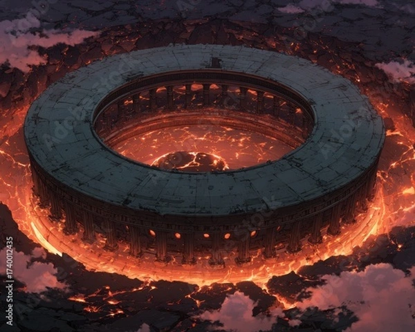 Fototapeta Massive Circular Stone Platform Hovering Over Fiery Eruption in a Dark Anime-Inspired Landscape