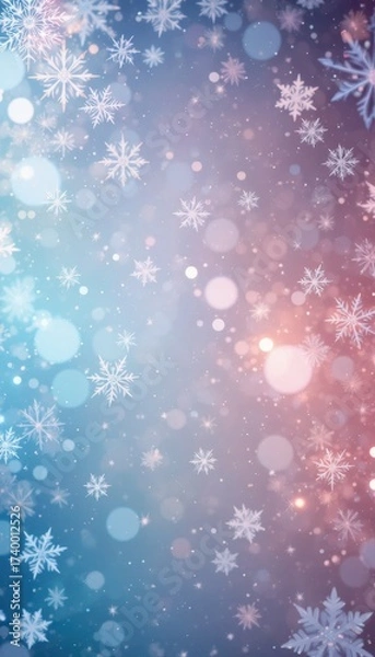 Fototapeta Snowflakes and bokeh lights overlay a gradient of blue and pink hues creating a winter wonderland atmosphere