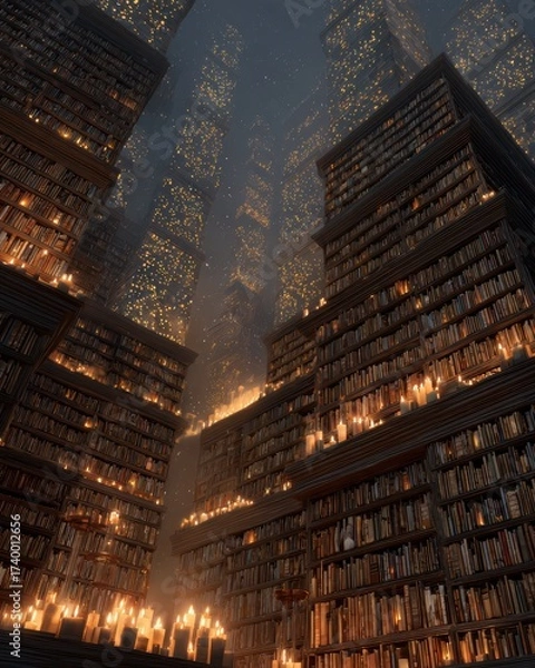 Fototapeta Enchanted library with towering shelves of ancient books illuminated by glowing candles in mist