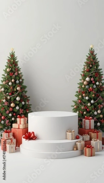 Fototapeta Two decorated Christmas trees flank a multi tiered white podium surrounded by gifts