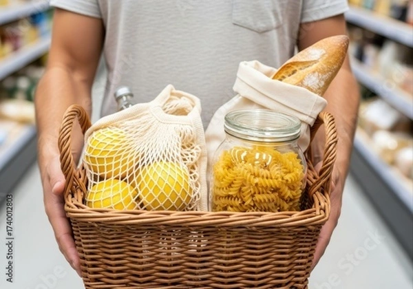 Fototapeta man holds wicker basket with groceries in reusable containers at supermarket. zero-waste, plastic-free shopping. sustainable and eco-friendly lifestyle concept.