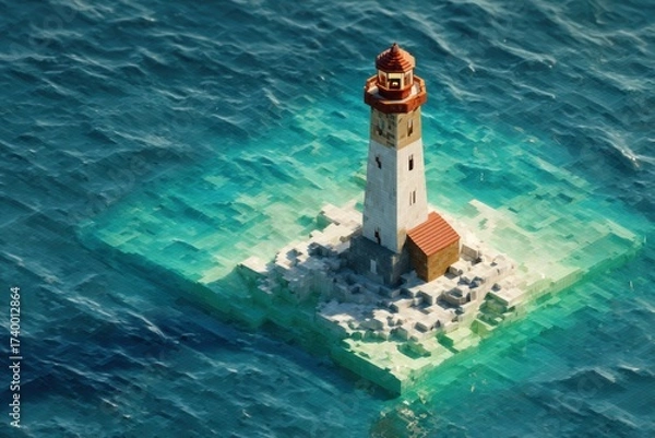Fototapeta Low Poly Art of a Lonely Lighthouse on a Square Island Surrounded by Clear Blue Water