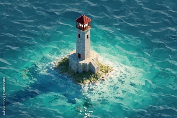 Fototapeta Lonely Low Poly Lighthouse on Square Island Surrounded by Turquoise Water