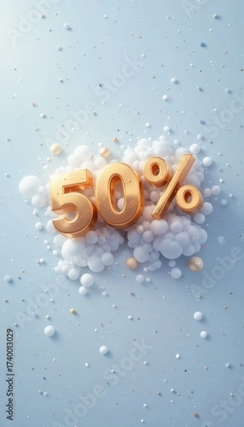 Fototapeta Golden 50 percent symbol floats amidst abstract spheres and confetti against a light blue background