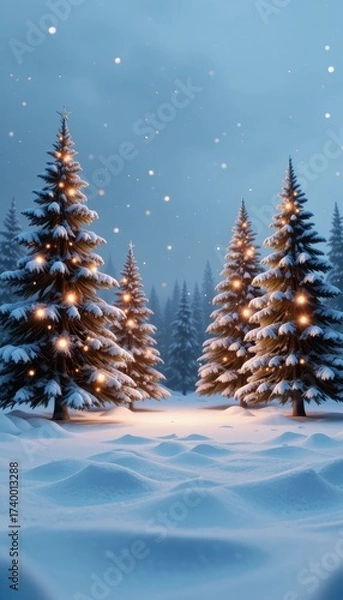 Fototapeta Snowy pine trees adorned with warm lights in a winter forest landscape under a dusky sky