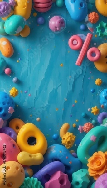Fototapeta Colorful abstract shapes and spheres scattered on a textured blue background