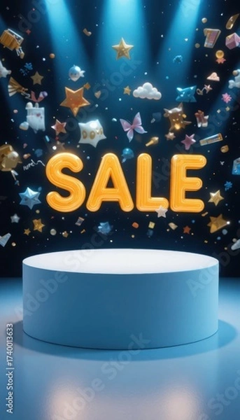 Fototapeta Large orange SALE text floats above a blue stage with falling confetti and gift boxes under spotlights