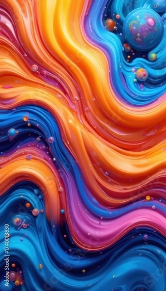 Fototapeta Swirling abstract waves of vibrant blue orange and pink with floating spheres and droplets