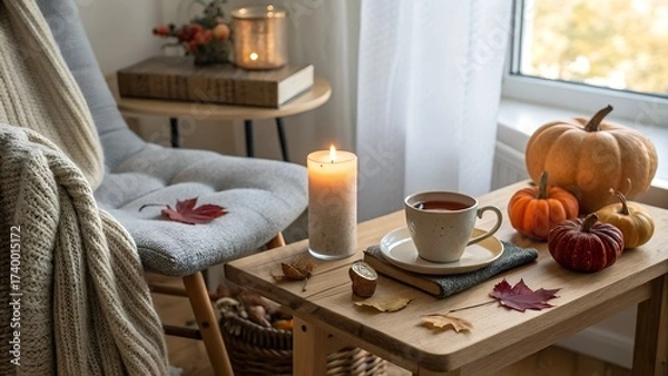 Fototapeta A cozy home scene with a sweater. a burning candle. and a warm cup of tea. Autumn decorations add