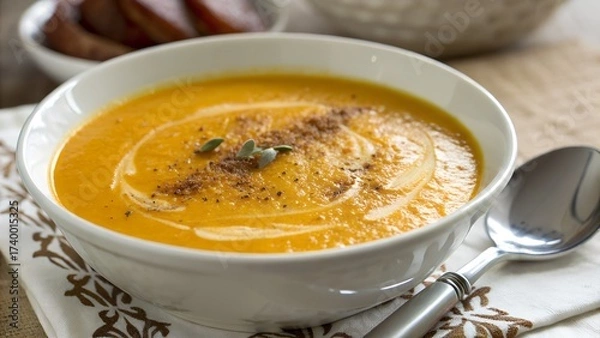 Fototapeta A velvety butternut squash soup with a hint of sweetness and a touch of spice. The soup is pureed
