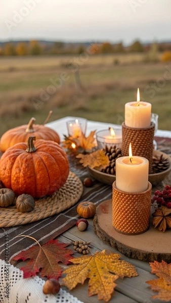 Obraz A table topped with candles and autumn decorations. Autumn. Thanksgiving decor. Copy-space. place