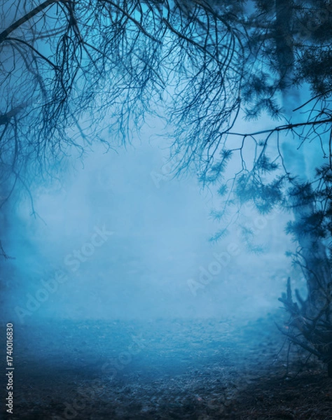 Obraz Mysterious fantasy silhouette dark branch night nature. Black mystical scary bare trunks autumn trees fog. Mystic Road way blue moonlight mist. magic gothic horror spooky forest. Background smoke
