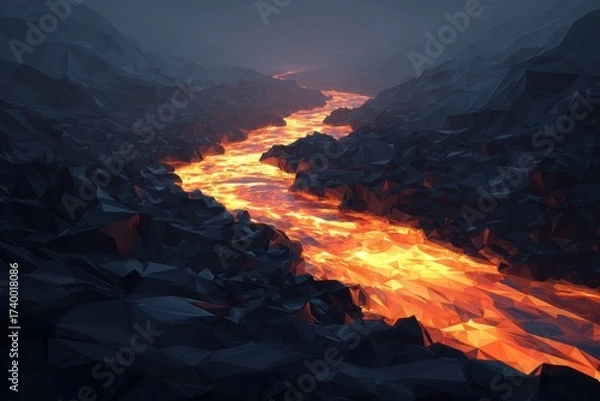 Fototapeta Massive Low Poly Lava Flow with Glowing Red River in Abstract Landscape Scene