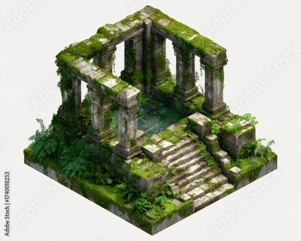 Fototapeta Ancient Stone Temple Ruins Surrounded by Lush Vegetation and Overgrown Flora