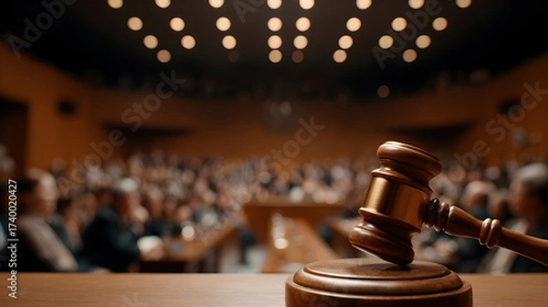 Fototapeta Courtroom scene with gavel and blurred audience in background, design banner justice concept 