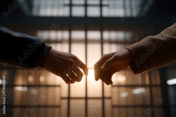 Fototapeta Two hands reaching out to connect against a warm, soft light  