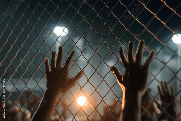 Fototapeta Hands reaching through a chain link fence at night with lights  