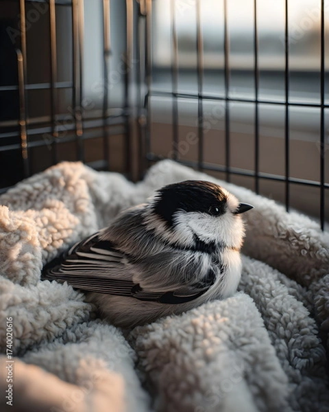 Fototapeta 
Small bird resting inside a rescue cage with soft bedding, gentle natural light, safe environment vibe