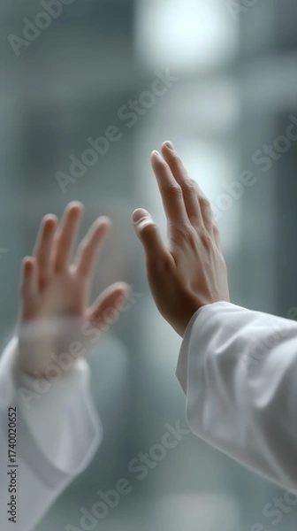 Fototapeta Two hands reaching out to each other behind a glass window  